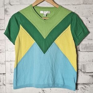 Liz Claiborne Golf Colorblock Knit Sweater Top Green Yellow Blue Size L